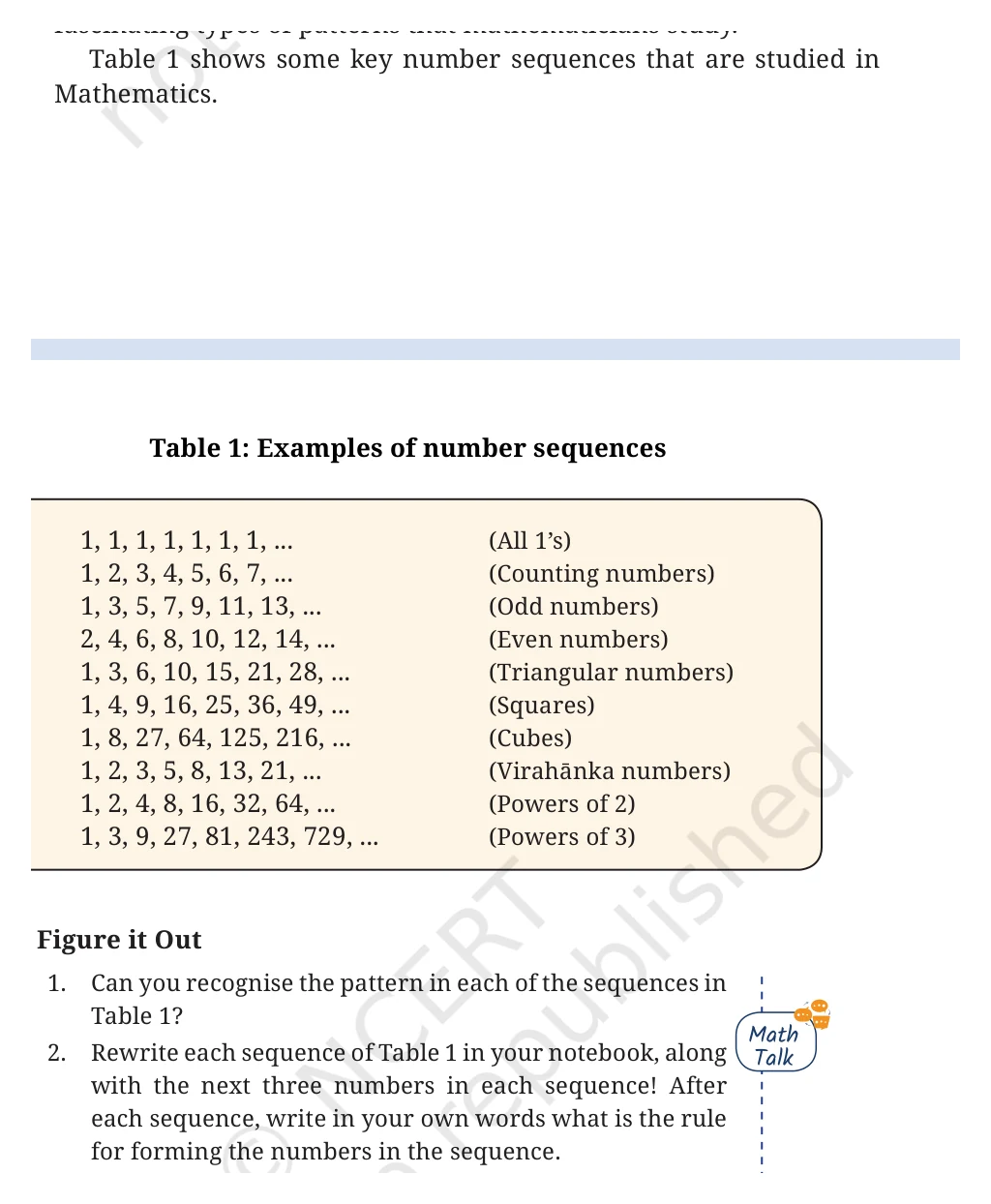 NCERT Class 6 Maths Chapter 1, pages 2, 3, Figure it Out question 2 with Table 1
